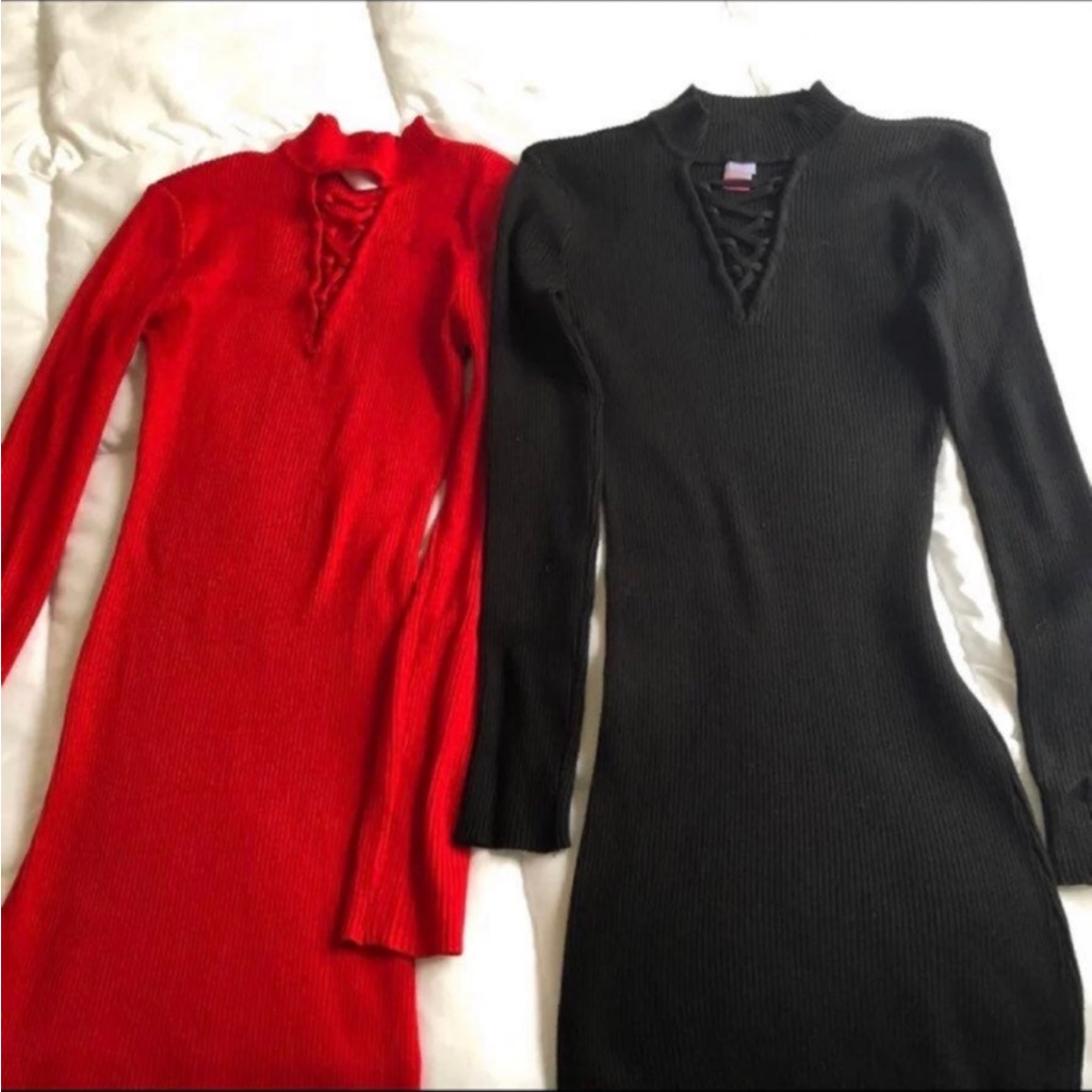 No Boundaries Ribbed V-Neck Details Long Sleeve Dress - Red & Black Bundle